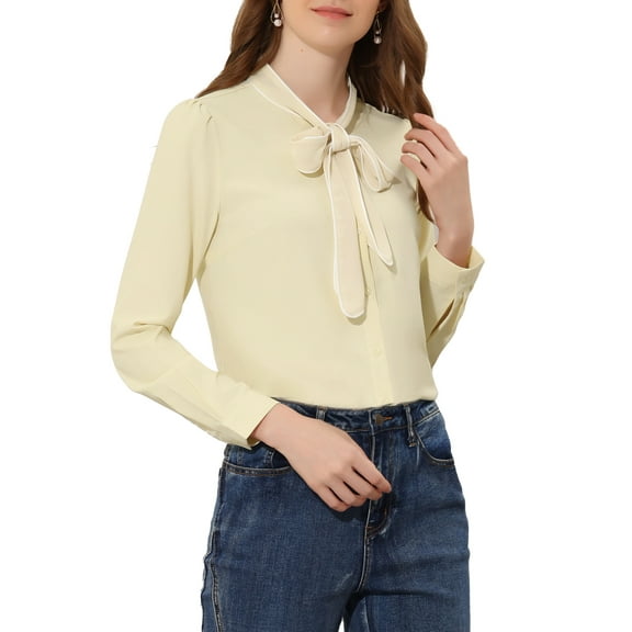 INSPIRE CHIC Women's Tie Neck Button Down Work Long Sleeves Blouse Shirts XL Beige