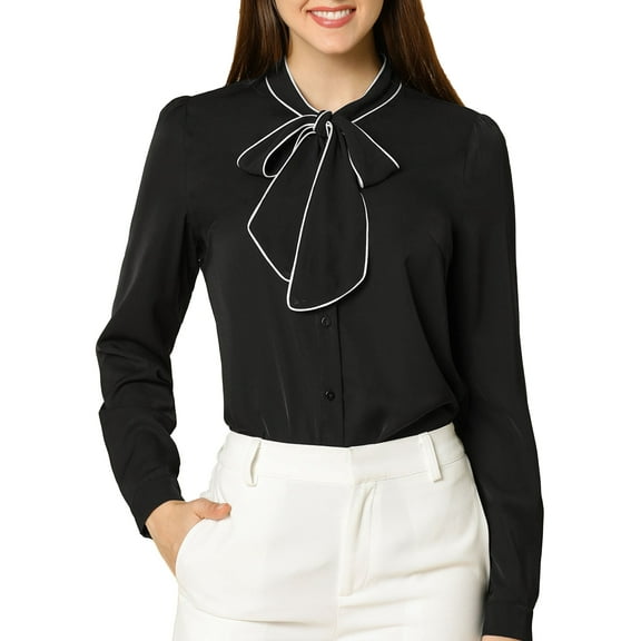 INSPIRE CHIC Women's Tie Neck Button Down Work Long Sleeves Blouse Shirts XL Black