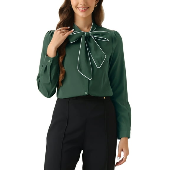 INSPIRE CHIC Women's Tie Neck Button Down Work Long Sleeves Blouse Shirts XS Dark Green