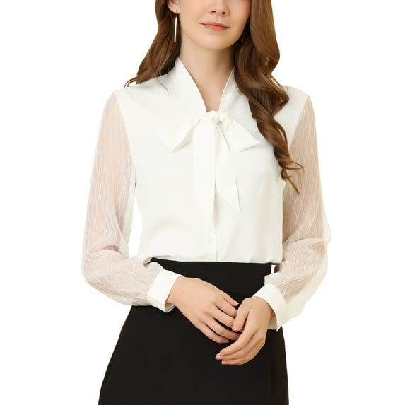 INSPIRE CHIC Women's Tie Neck Chiffon Long Sleeve Shirt L White