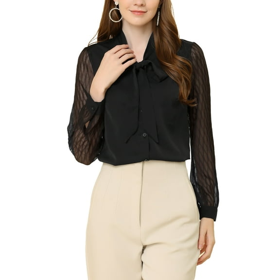 INSPIRE CHIC Women's Tie Neck Chiffon Long Sleeve Shirt L Black
