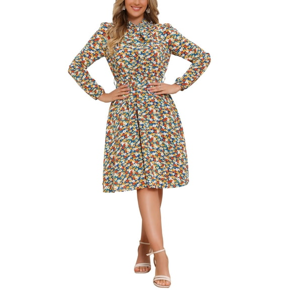 INSPIRE CHIC Women's Tie Neck Chiffon Long Sleeves Vintage Floral Print Belted Midi Dress L Blue Yellow