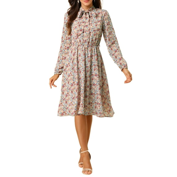 INSPIRE CHIC Women's Tie Neck Chiffon Long Sleeves Vintage Floral Print Belted Midi Dress L Blue