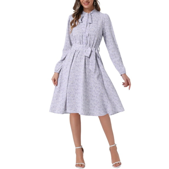 INSPIRE CHIC Women's Tie Neck Chiffon Long Sleeves Vintage Floral Print Belted Midi Dress L Light Purple