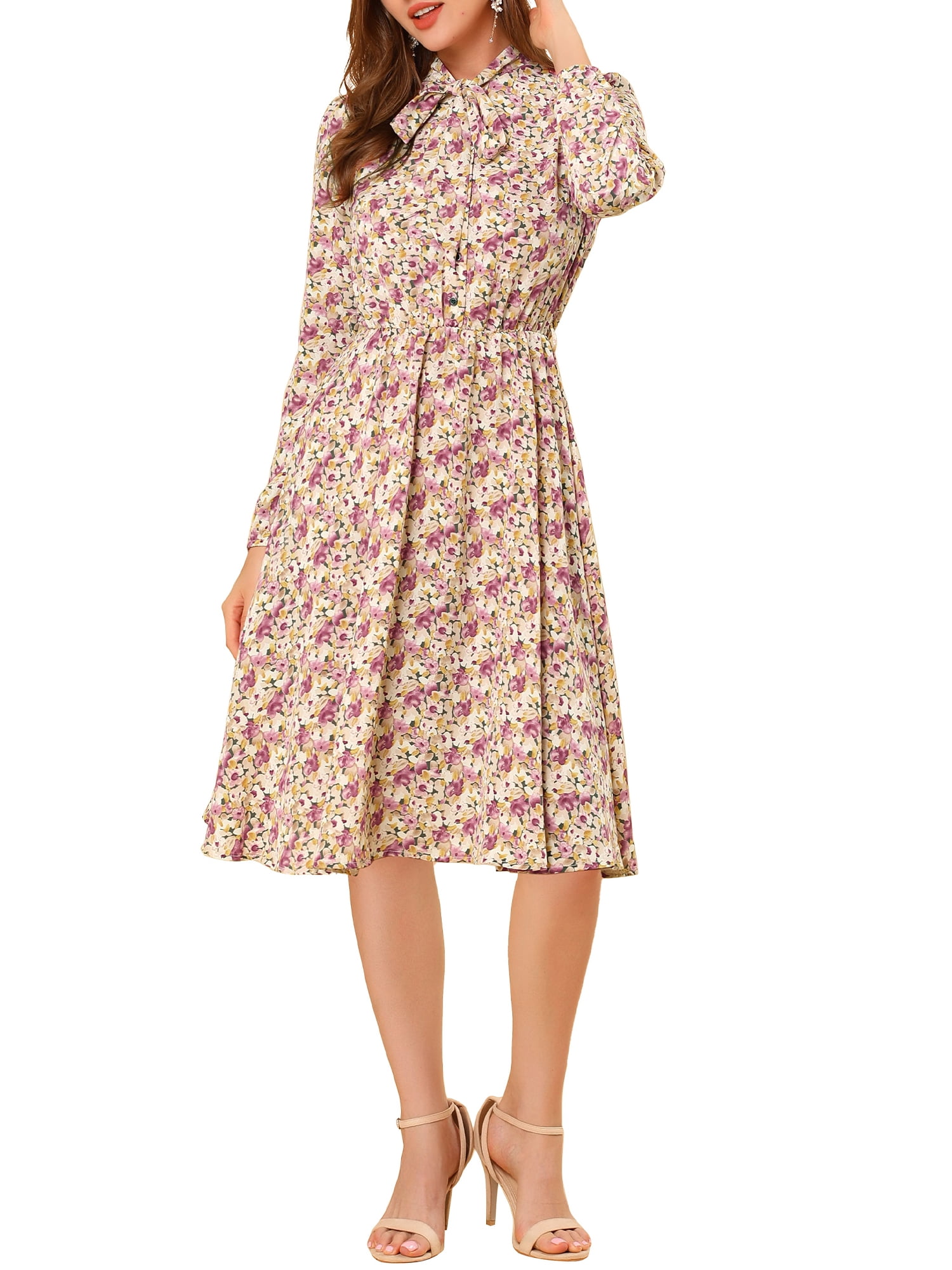 Allegra K Women's Tie Neck Chiffon Dress - Long Sleeve Floral Print Belted Vintage Style Dress - View #5