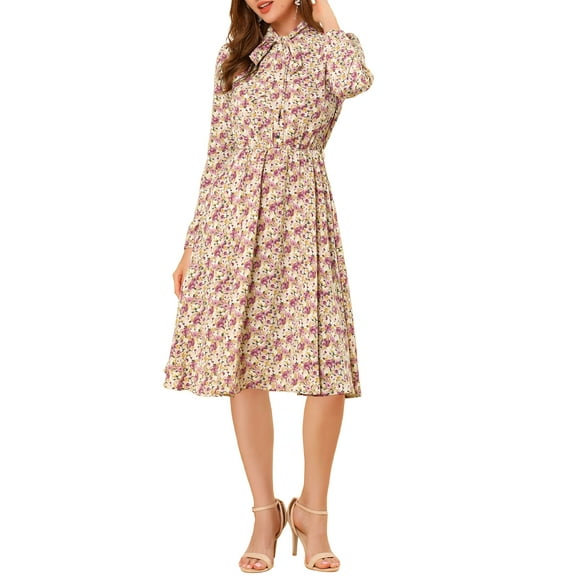 INSPIRE CHIC Women's Tie Neck Chiffon Long Sleeves Vintage Floral Print Belted Midi Dress L Pink
