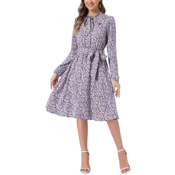 INSPIRE CHIC Women's Tie Neck Chiffon Long Sleeves Vintage Floral Print Belted Midi Dress L Purples