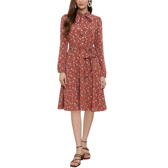 Allegra K Women's Tie Neck Chiffon Long Sleeves Vintage Floral Print Belted Midi Dress L Red White