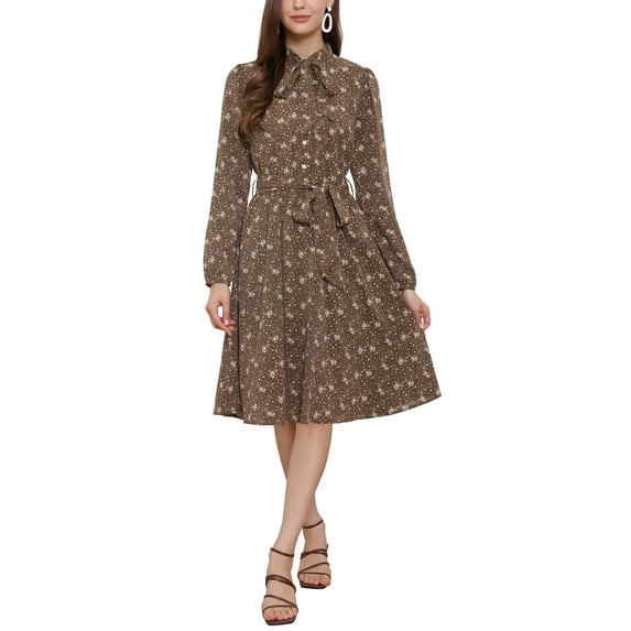INSPIRE CHIC Women's Tie Neck Chiffon Long Sleeves Vintage Floral Print Belted Midi Dress M Brown