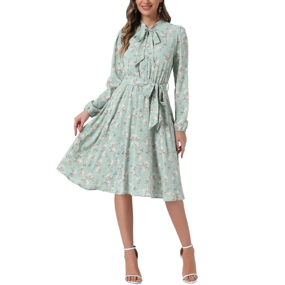 INSPIRE CHIC Women's Tie Neck Chiffon Long Sleeves Vintage Floral Print Belted Midi Dress S Light Green