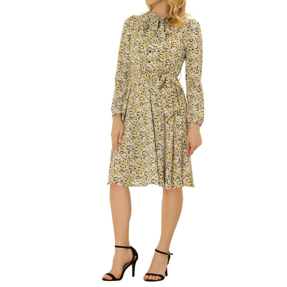 INSPIRE CHIC Women's Tie Neck Chiffon Long Sleeves Vintage Floral Print Belted Midi Dress S Navy Yellow