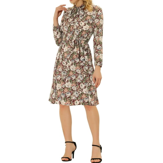 Allegra K Women's Tie Neck Chiffon Long Sleeves Vintage Floral Print Belted Midi Dress XL Deep Red