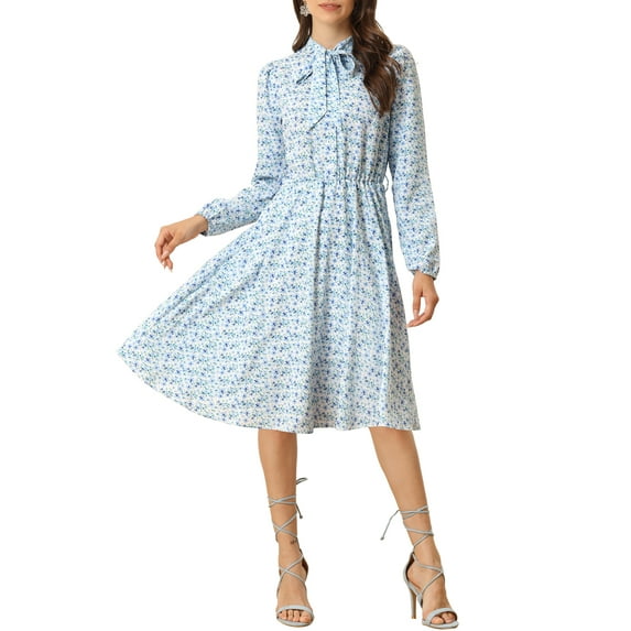 INSPIRE CHIC Women's Tie Neck Chiffon Long Sleeves Vintage Floral Print Belted Midi Dress XL Light Blue