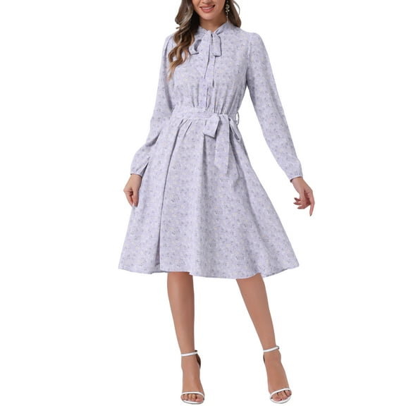 INSPIRE CHIC Women's Tie Neck Chiffon Long Sleeves Vintage Floral Print Belted Midi Dress XL Light Purple