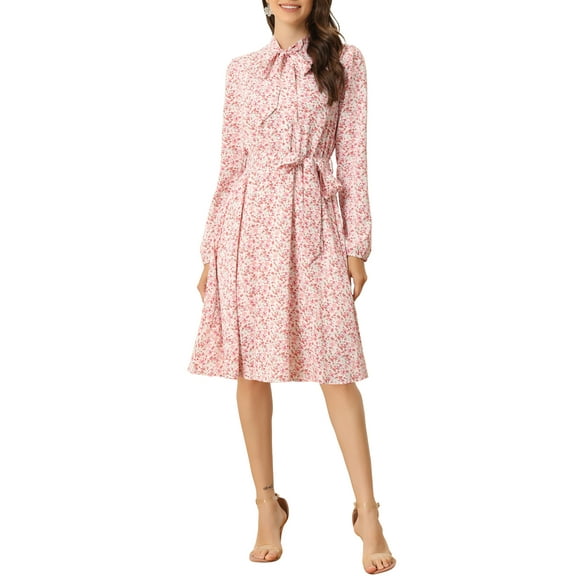 INSPIRE CHIC Women's Tie Neck Chiffon Long Sleeves Vintage Floral Print Belted Midi Dress XL Pinks