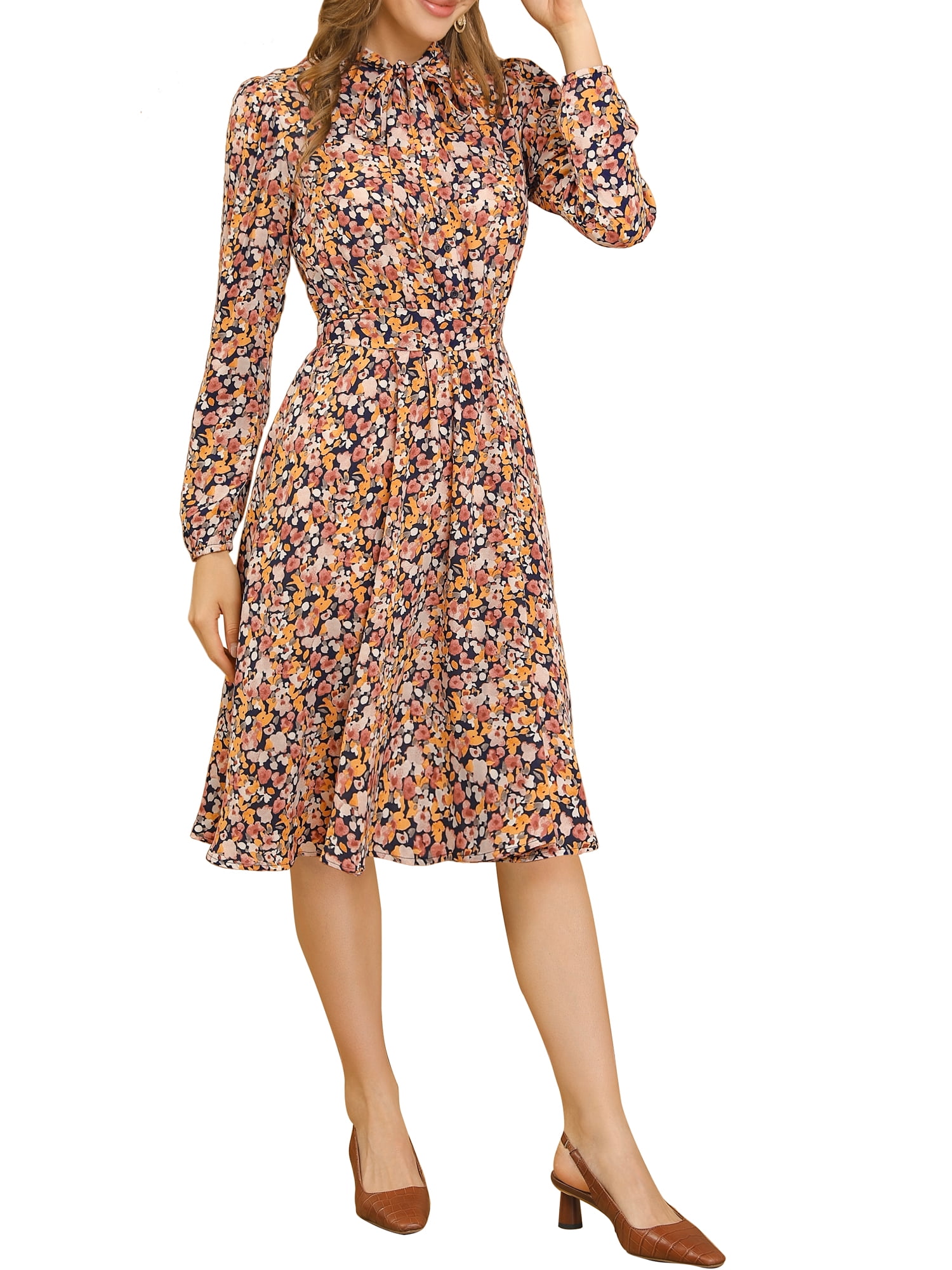 Allegra K Women's Tie Neck Chiffon Dress - Long Sleeve Floral Print Belted Vintage Style Dress - View #3