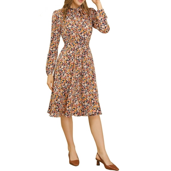 INSPIRE CHIC Women's Tie Neck Dresses Chiffon Long Sleeve Belted Vintage Floral Dress XL Yellow