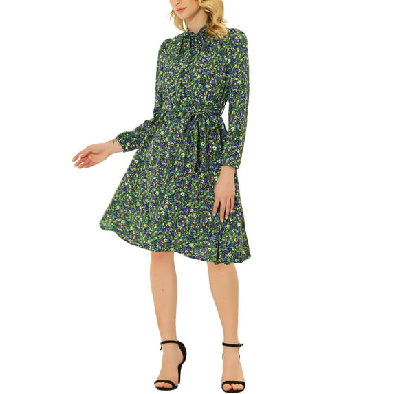 INSPIRE CHIC Women's Tie Neck Dresses Chiffon Long Sleeve Belted Vintage Floral Dress XS Green