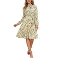 thumbnail image 1 of INSPIRE CHIC Women's Tie Neck Chiffon Long Sleeves Vintage Floral Print Belted Midi Dress XS White Yellow, 1 of 6