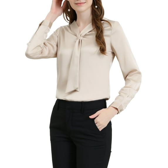INSPIRE CHIC Women's Tie Neck Long Sleeve Elegant Button Cuff Office Shirt S Beige