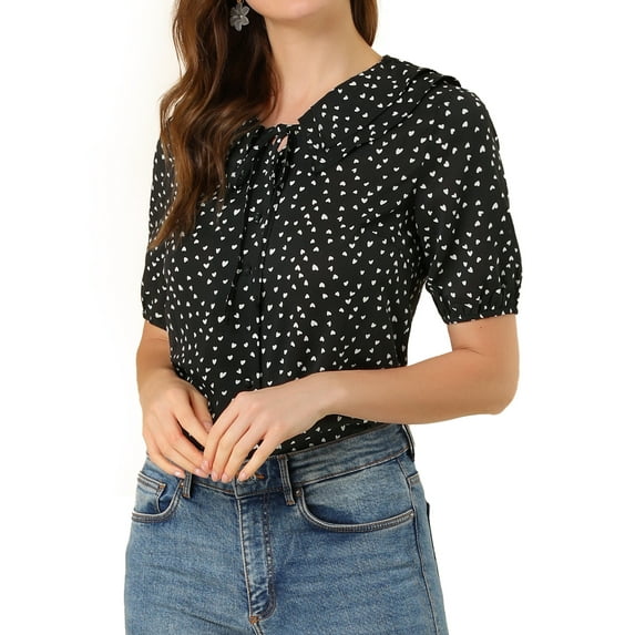 Allegra K Women's Tie Neck Peter Pan Collar Short Sleeves Blouse Tops