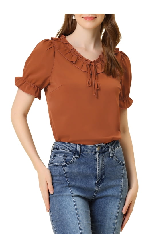 Women's Tie Neck Ruffle Neck Blouse Puff Sleeve Ruffle Cuff Solid Tops XS Brown