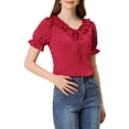 thumbnail image 1 of Allegra K Women's Tie Neck Ruffle Neck Blouse Puff Sleeve Ruffle Cuff Solid Tops, 1 of 5
