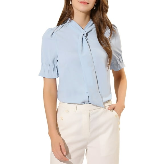 INSPIRE CHIC Women's Tie Neck Shirt Button Down Puff Sleeve Work Blouse M Blue