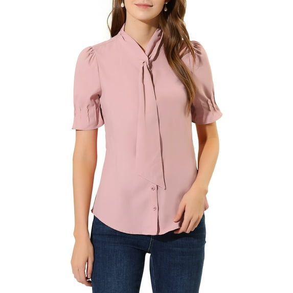 INSPIRE CHIC Women's Tie Neck Shirt Button Down Puff Sleeve Work Blouse XS Pink