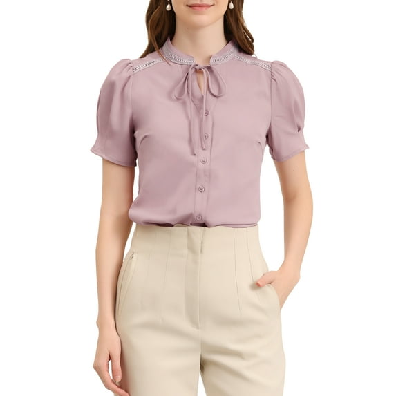 INSPIRE CHIC Women's Tie Neck Short Sleeve Shirt Puff Sleeve Button Front Lace Inset Stand Collar Blouse S Light Pink