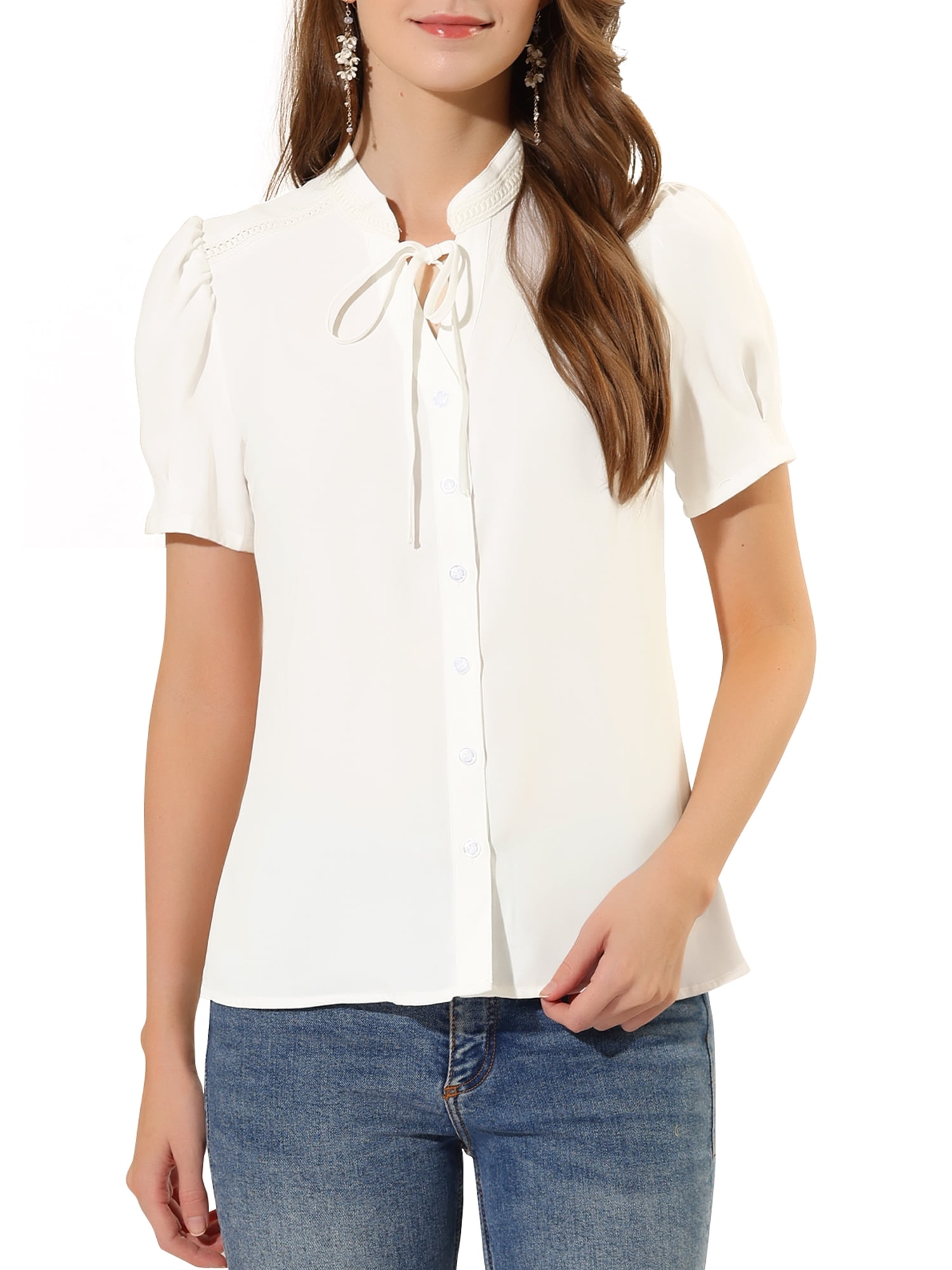 INSPIRE CHIC Women's Tie Neck Short Sleeve Shirt Puff Sleeve Button ...