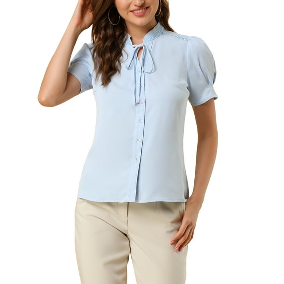 INSPIRE CHIC Women's Tie Neck Short Sleeve Shirt Puff Sleeve Button Front Lace Inset Stand Collar Blouse XS Light blue