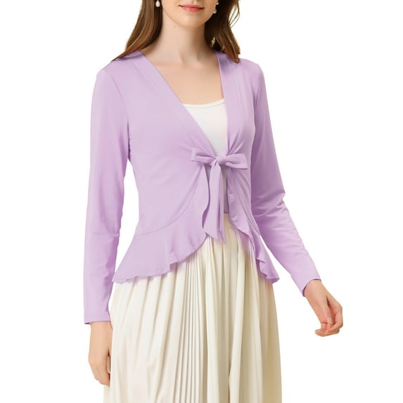 Allegra K Women's Tie Open Front Long Sleeve Knit Metallic Ruffled Crop Cardigan