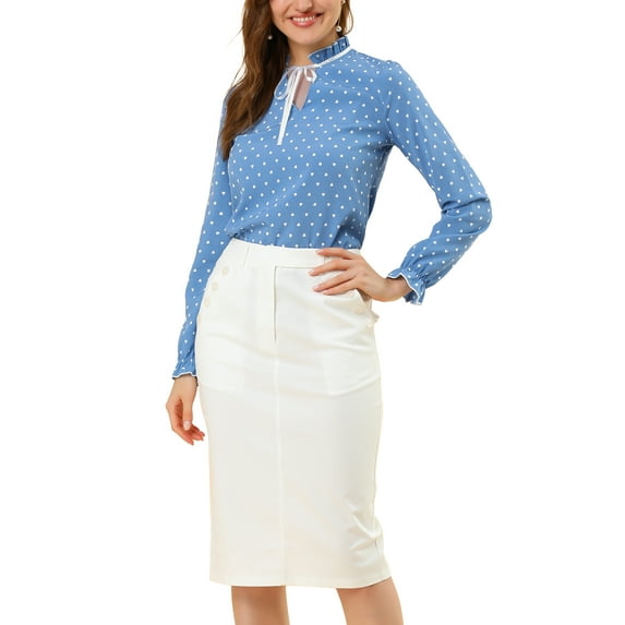 INSPIRE CHIC Women's Tie Ruffled Neck Blouse Long Sleeves Tops M Blue-Hearts