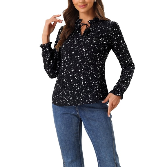 INSPIRE CHIC Women's Tie Ruffled Neck Blouse Long Sleeves Tops S Black-Star