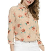 INSPIRE CHIC Women's Tie Ruffled Neckline Polka Dots Floral Blouse Tops S White