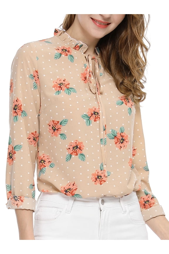 Women's Tie Ruffled Neckline Polka Dots Floral Blouse Tops L Apricot