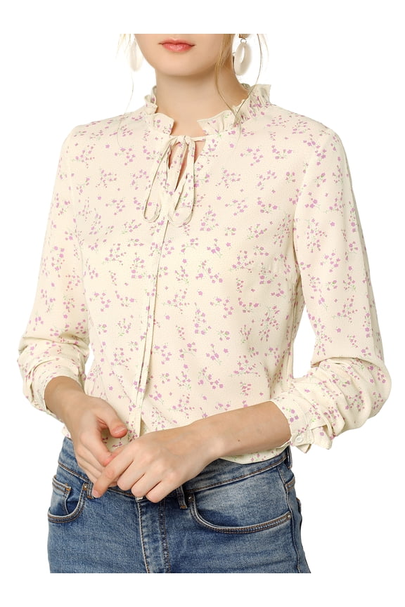 Women's Tie Ruffled Neckline Polka Dots Floral Blouse Tops L Beige