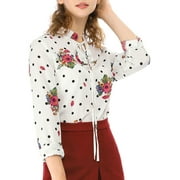 INSPIRE CHIC Women's Tie Ruffled Neckline Polka Dots Floral Blouse Tops S White