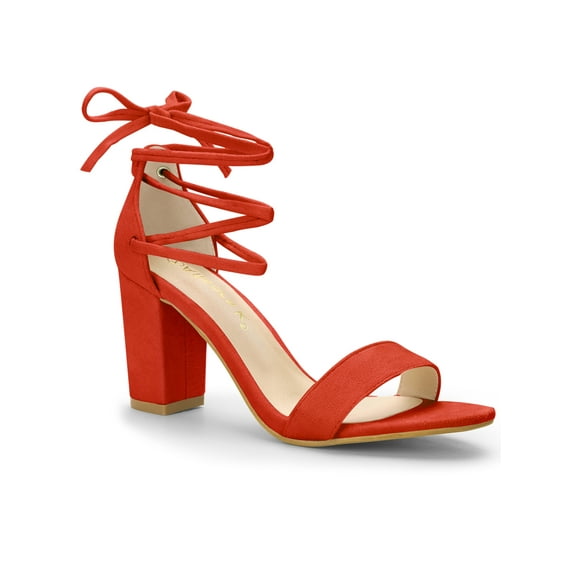 BLISSFUL STEP Women's Sandals Solid Summer Block Heels Lace up Sandals Orange 8