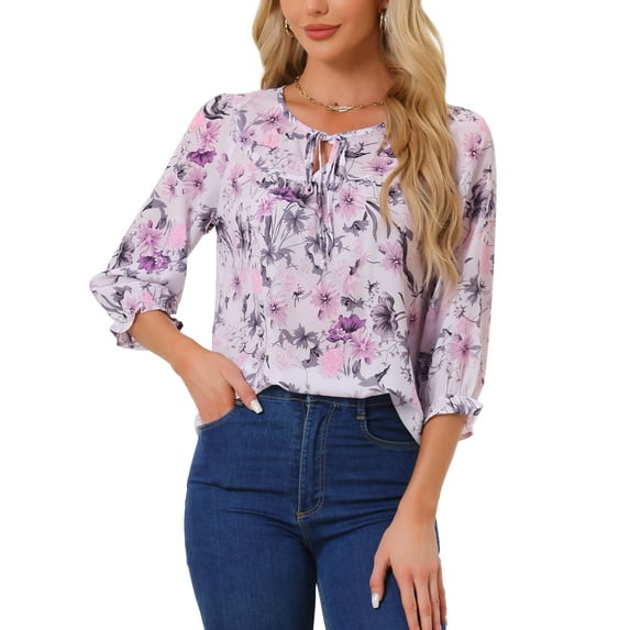 INSPIRE CHIC Women's Boho Blouse Floral Print Tie Neck 3/4 Sleeve Casual Tops L Dusty Purple