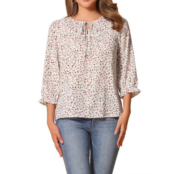 INSPIRE CHIC Women's Boho Blouse Floral Print Tie Neck 3/4 Sleeve Casual Tops M Beige Red
