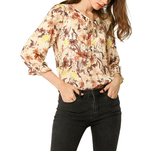 INSPIRE CHIC Women's Boho Blouse Floral Print Tie Neck 3/4 Sleeve Casual Tops M Beige