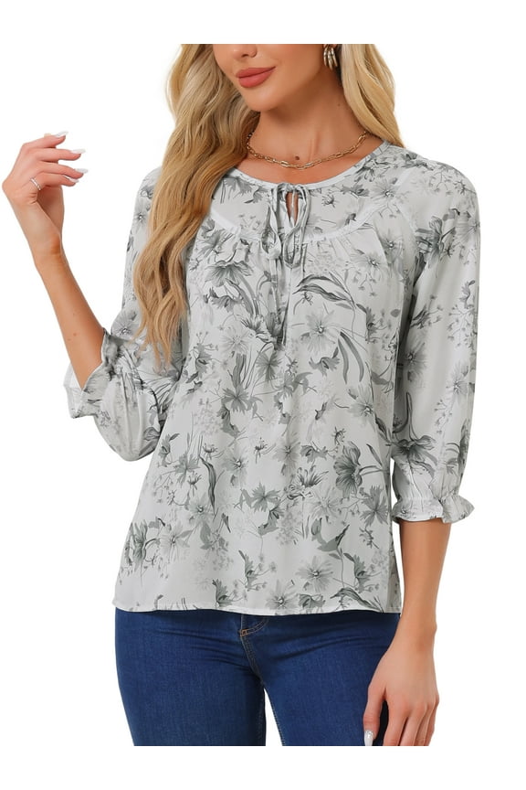 Women's Boho Blouse Floral Print Tie Neck 3/4 Sleeve Casual Tops M Grey
