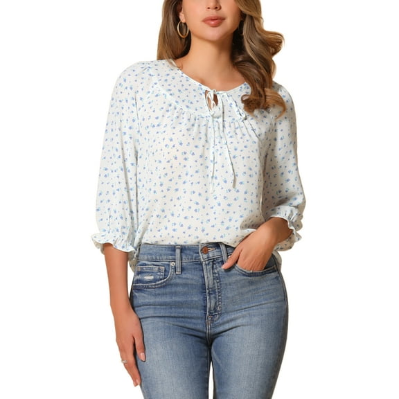 INSPIRE CHIC Women's Boho Blouse Floral Print Tie Neck 3/4 Sleeve Casual Tops M White Blue