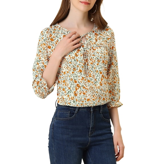 INSPIRE CHIC Women's Boho Blouse Floral Print Tie Neck 3/4 Sleeve Casual Tops S Orange
