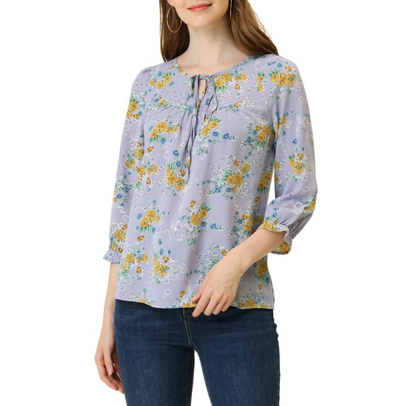 INSPIRE CHIC Women's Boho Blouse Floral Print Tie Neck 3/4 Sleeve Casual Tops XS Light Purple