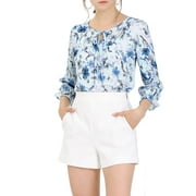 Allegra K Women's Tie V Neck Boho Ruffled 3/4 Sleeve Floral Blouse