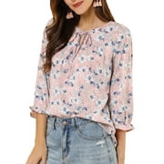 Allegra K Women's Tie V Neck Boho Ruffled 3/4 Sleeve Floral Blouse