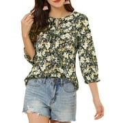 Allegra K Women's Tie V Neck Boho Ruffled 3/4 Sleeve Floral Blouse XS Grey